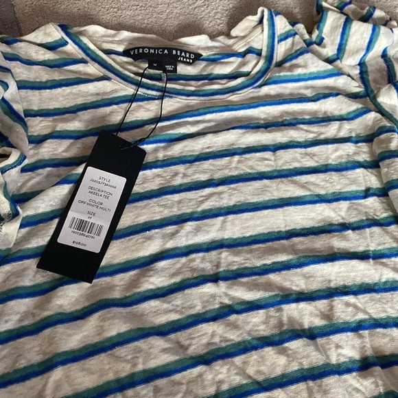Veronica Beard Akeela Striped Tee  Ruffle Sleeve Top - Blue and White size M​ - Picture 3 of 3